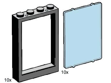 LEGO sættet 1 x 4 x 5 Black Window Frames, Transparent Blue Panes